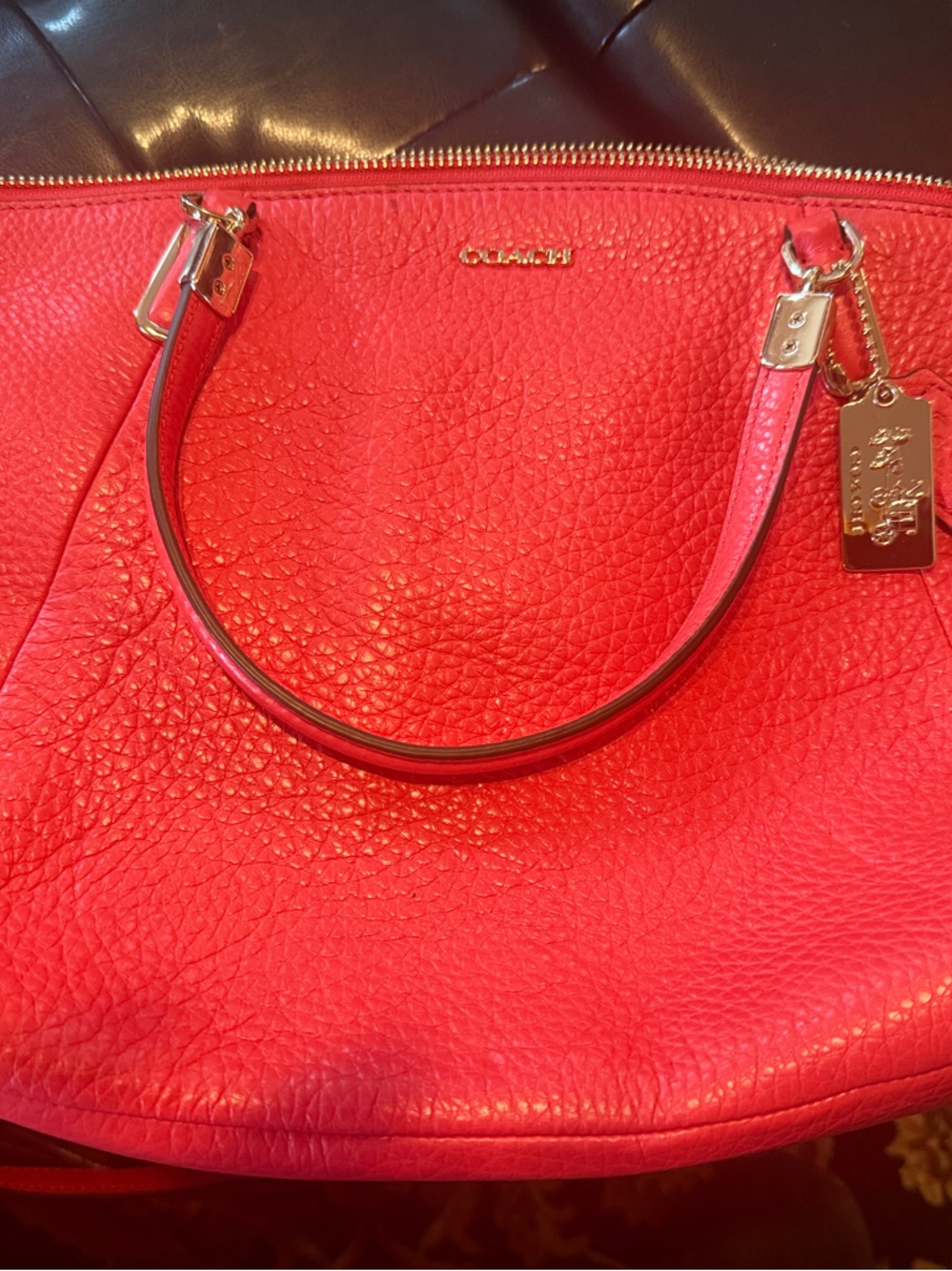 Coach Red Pebbled Leather Shoulder Bag with Gold Hardware